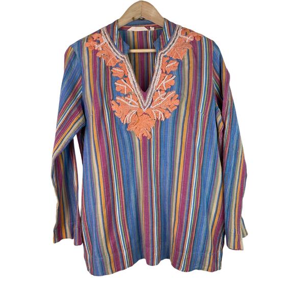 Soft Surroundings Women's S Colorful Striped Embroidered Beaded Boho Tunic Top - Picture 1 of 10